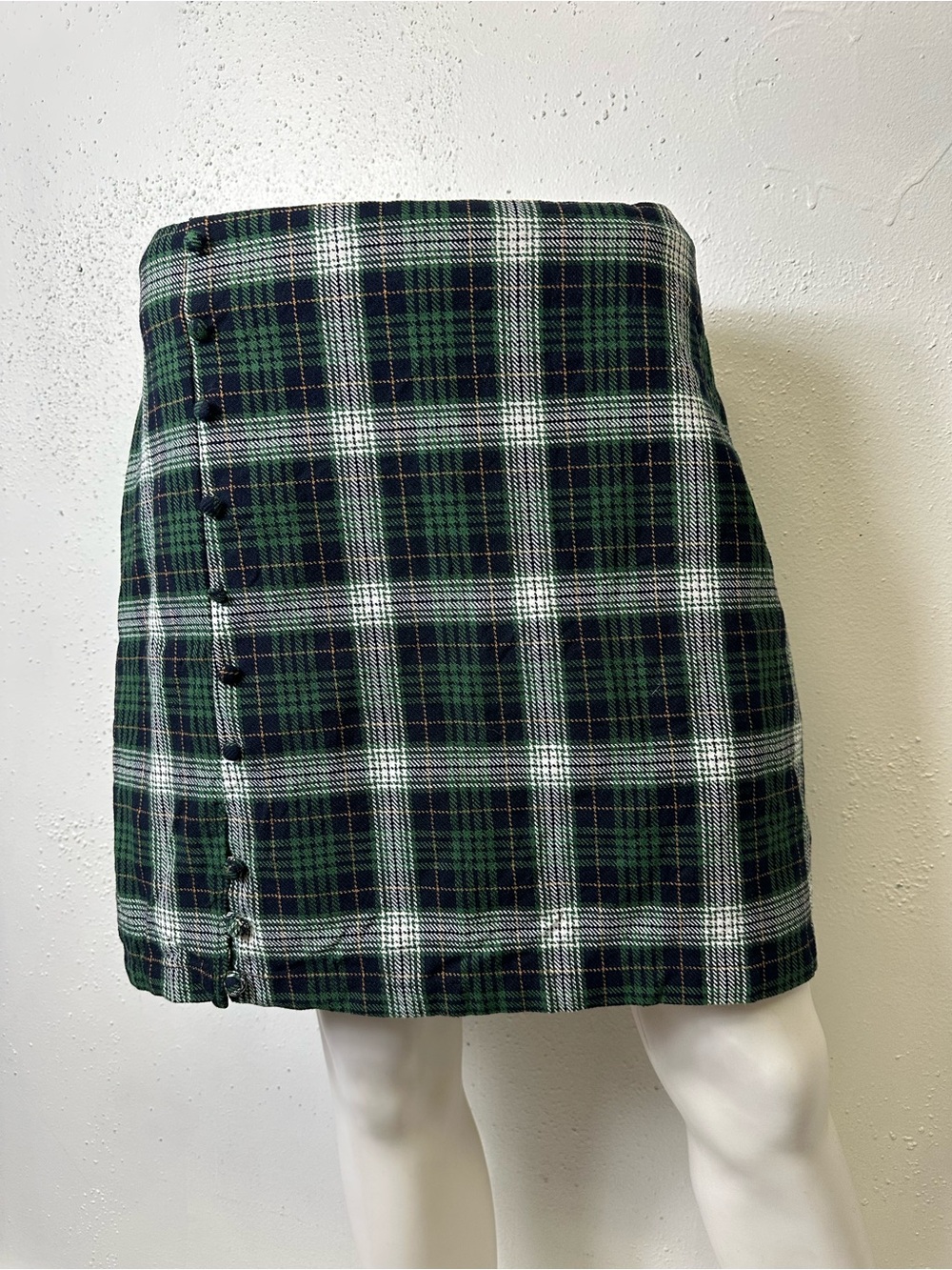 Blue Rain Green and Black Plaid Button-Front Mini Skirt